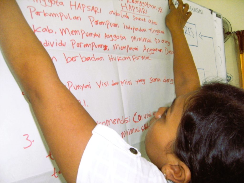 Salah satu peserta menempelkan hasil analisis lingkungan internal serikat dan HAPSARI, dalam Audit Sosial Gender (2009)